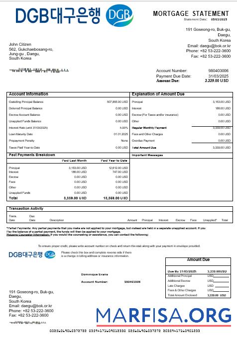 Blank South Korea Daegu bank mortgage statement in Word and PDF formats real example